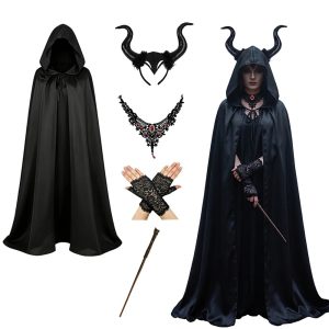 Kit de cosplay da Malévola: capa preta com capuz, tiara de chifres, colar, luvas e varinha