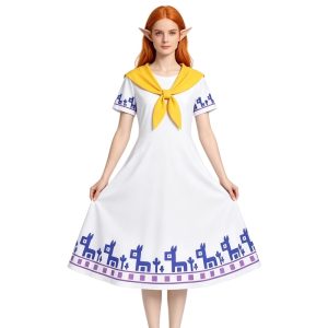 Traje da Malon, de Zelda Ocarina of Time, com vestido branco de barra estampada e lenço amarelo