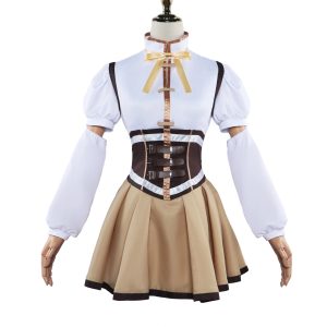 Vestido da Mami Tomoe com corselete marrom e saia bege em manequim, Madoka Magica