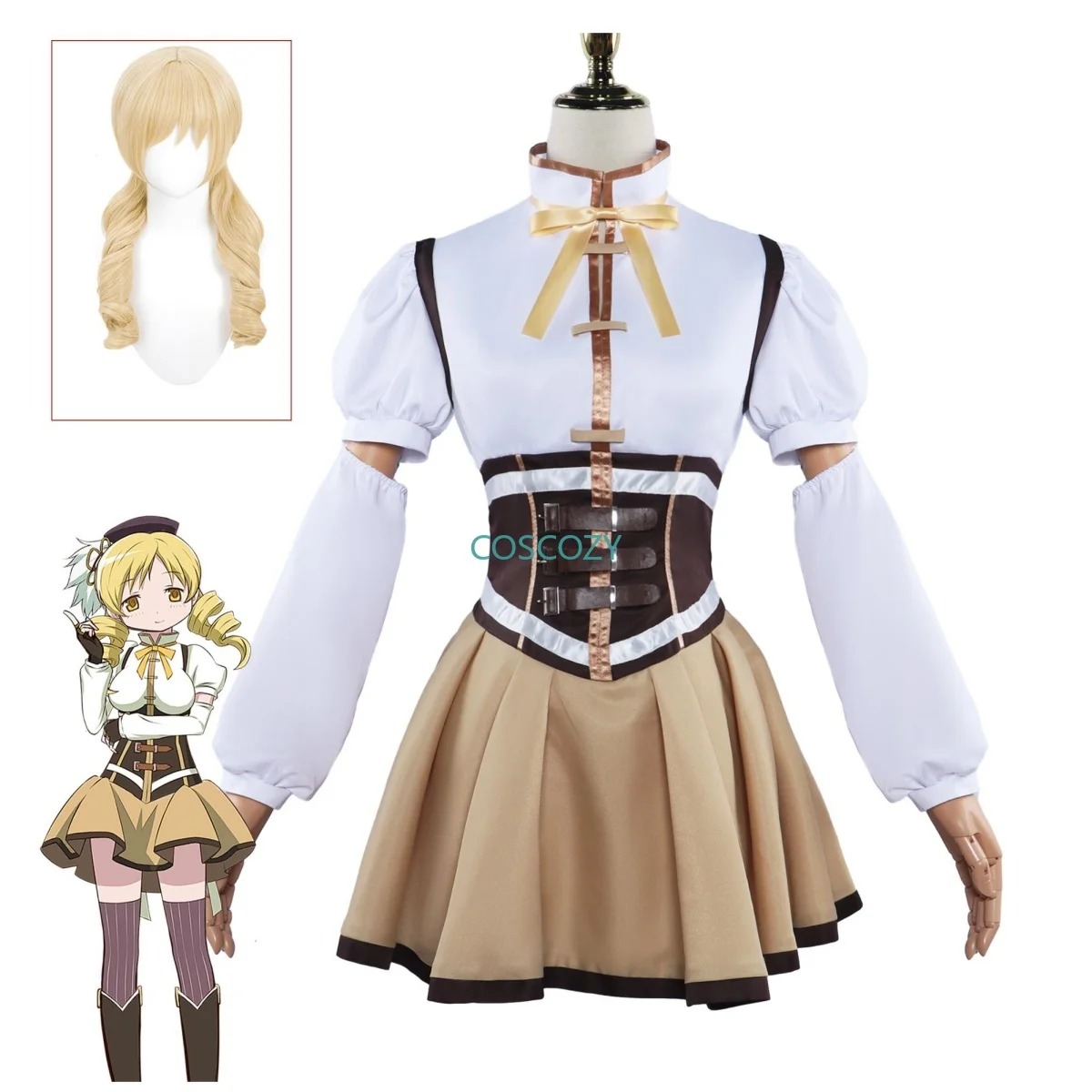 Peruca loira de cachos ao lado do cosplay da Mami Tomoe, Madoka Magica