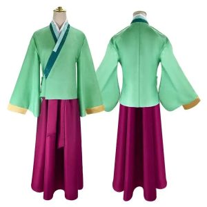 Cosplay da Maomao com blusa verde de detalhes dourados e saia bordô, de frente e de costas