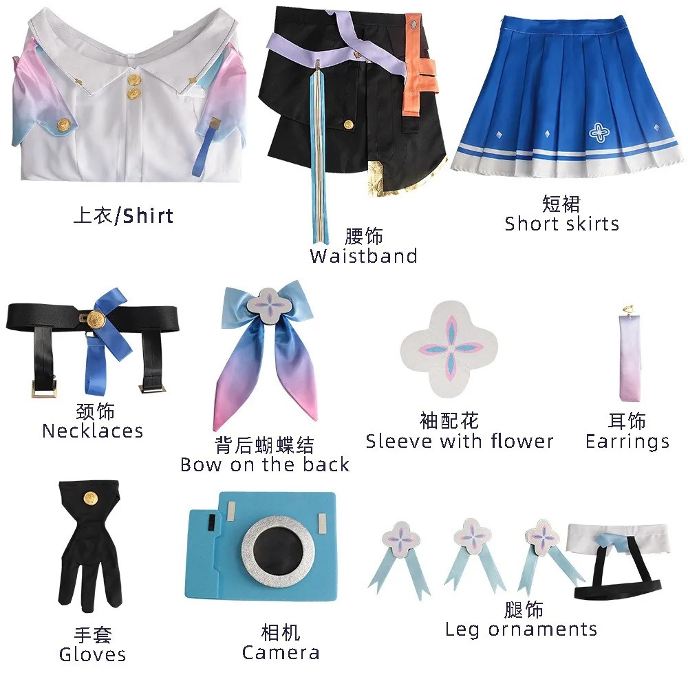 Peças do cosplay da March 7th: camisa, faixa, saia, brincos, luvas, câmera e enfeites