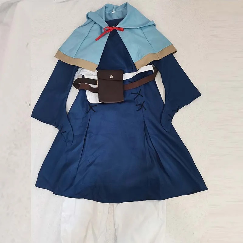 Vestido azul e capa com capuz da Marcille, de Dungeon Meshi, vistos de frente