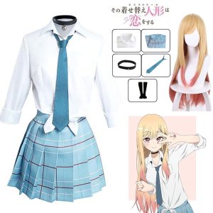 Marin Kitagawa, de My Dress-Up Darling: camisa branca, gravata azul, saia xadrez e peruca