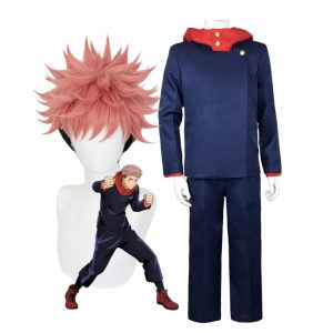 Traje do Yuji Itadori, de Jujutsu Kaisen: uniforme azul-marinho, capuz vermelho e peruca rosa