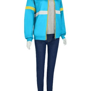 Cosplay da Max Mayfield em manequim: jaqueta azul listrada, camiseta quadriculada e calça jeans