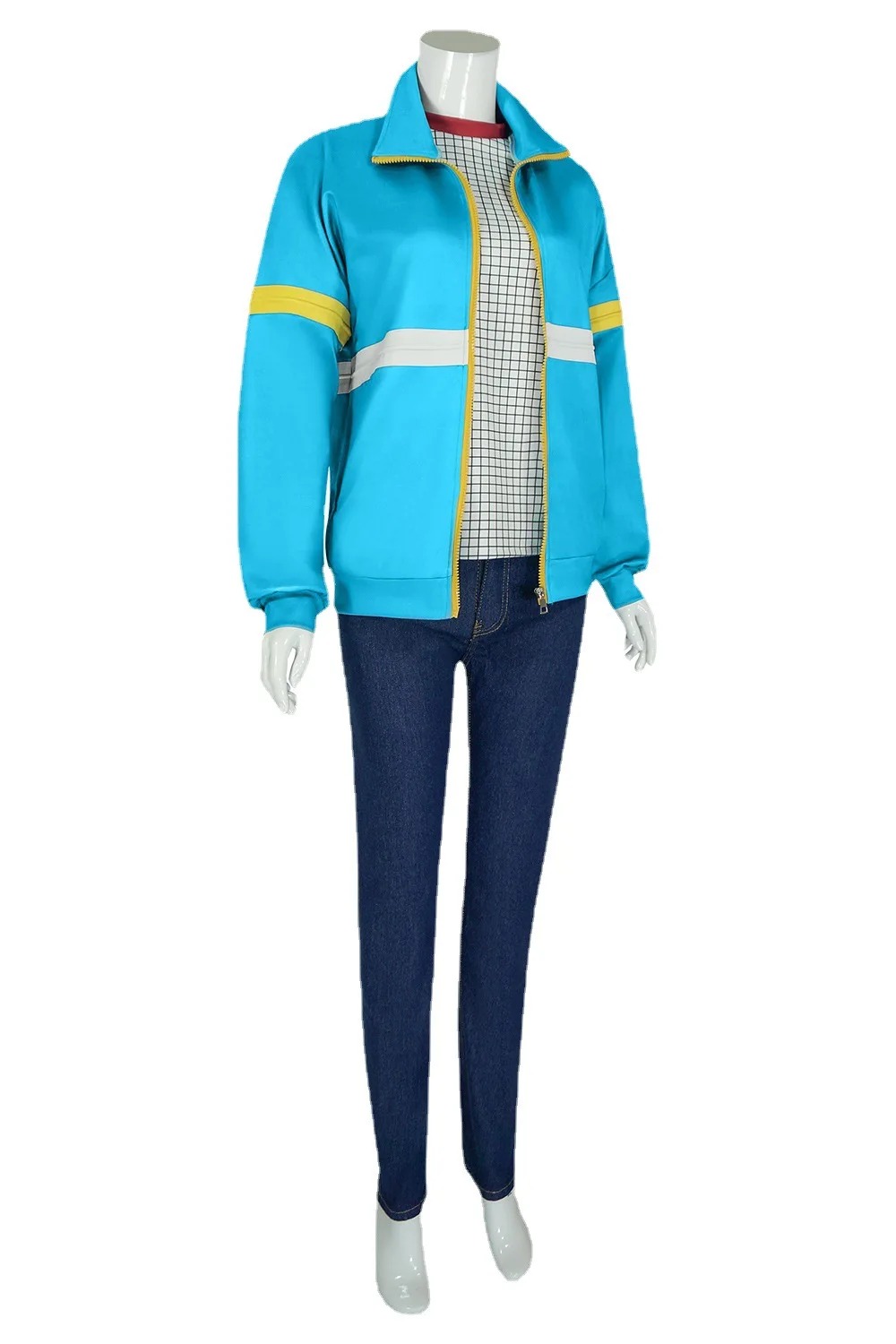 Cosplay da Max Mayfield em manequim: jaqueta azul listrada, camiseta quadriculada e calça jeans