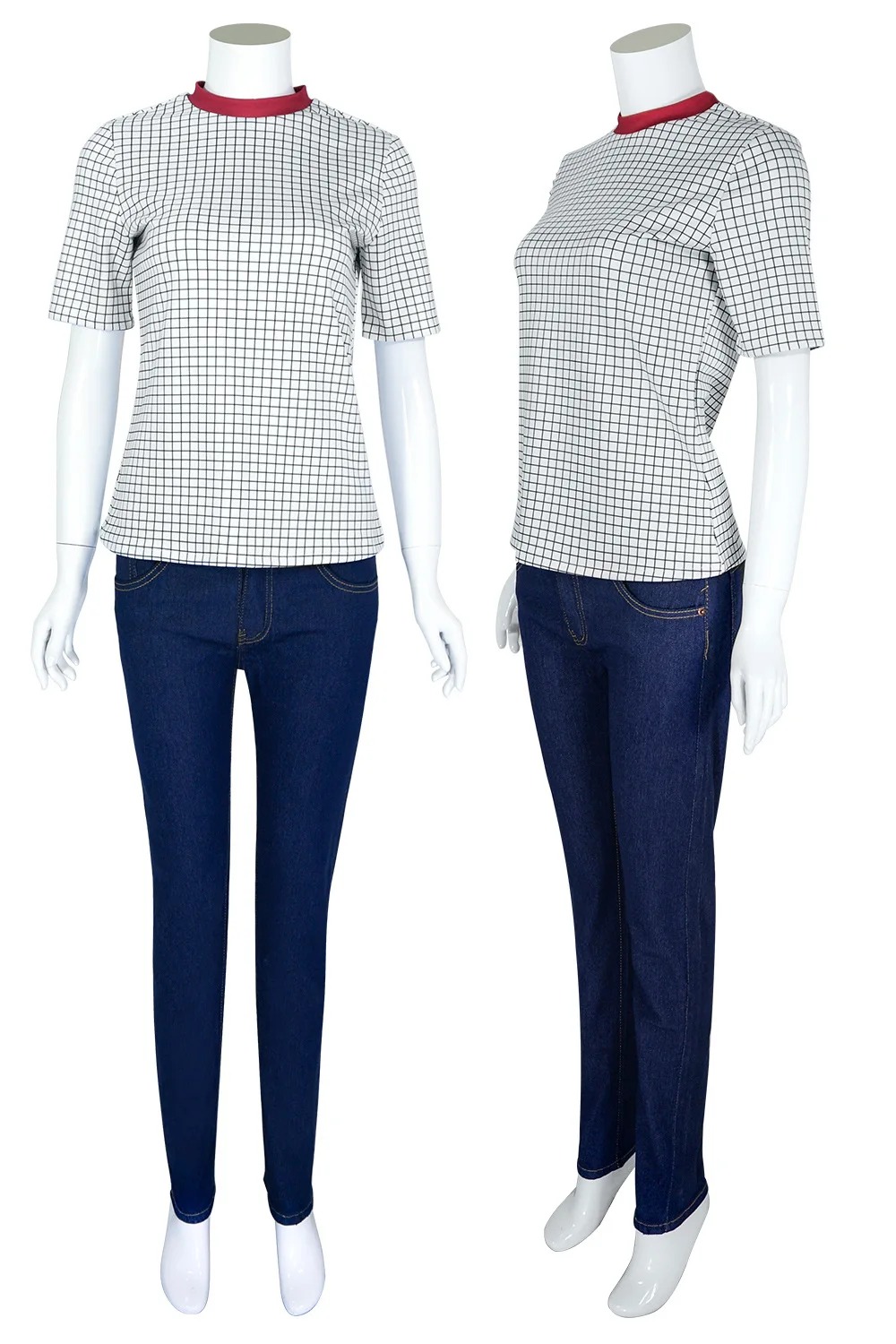 Camiseta quadriculada de gola vermelha e calça jeans do cosplay da Max, Stranger Things