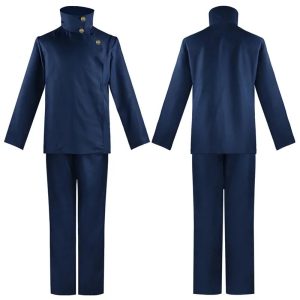 Frente e costas do uniforme azul-marinho de jaqueta e calça do cosplay do Megumi Fushiguro