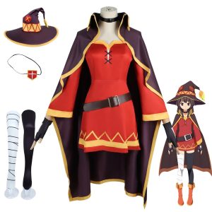 Kit do cosplay da Megumin, de KonoSuba: chapéu de bruxa, tapa-olho, vestido vermelho, capa roxa e meias
