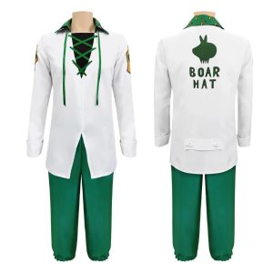 Camisa branca Boar Hat e calça verde do cosplay do Meliodas, frente e costas