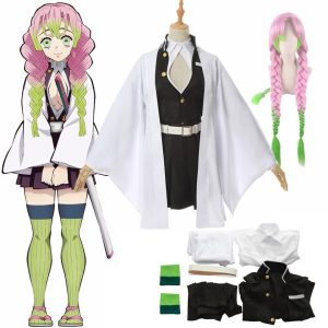 Mitsuri Kanroji, de Demon Slayer: haori branco, uniforme preto, meias verdes e peruca