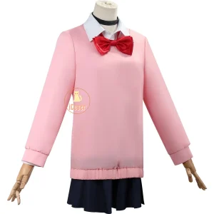 Traje da Momo Ayase em Dandadan: suéter rosa, gargantilha, laço vermelho e saia azul