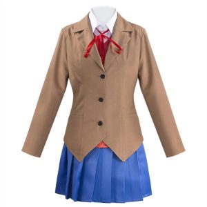 Uniforme da Monika, de Doki Doki Literature Club, com blazer marrom, camisa branca, laço vermelho e saia azul