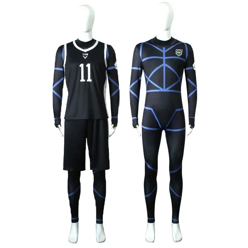 Dois ângulos do uniforme preto de listras azuis do cosplay do Nagi Seishiro, de Blue Lock