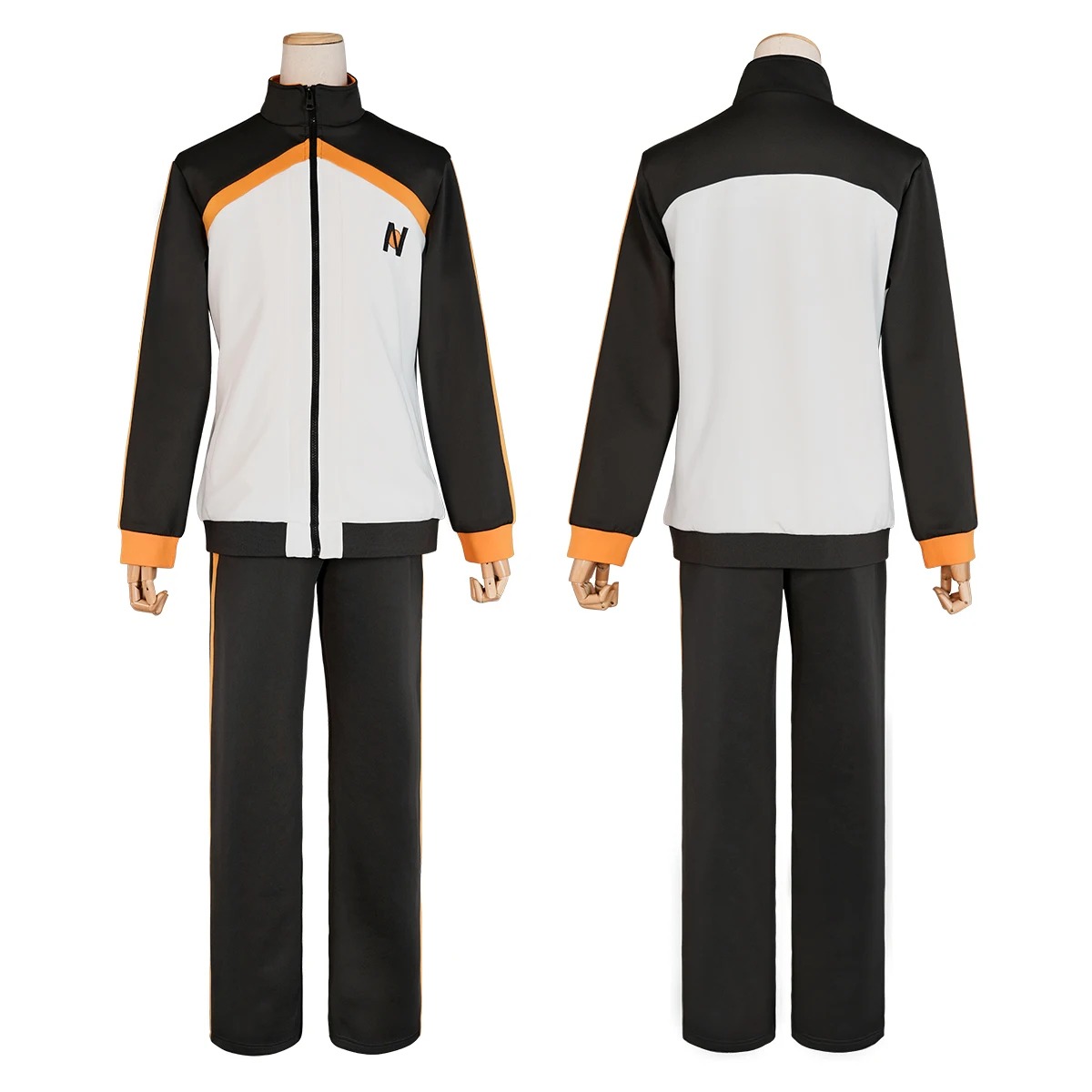 Cosplay do Subaru, Re:Zero, visto de frente e de costas, jaqueta e calça pretas