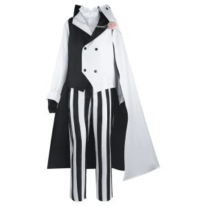 Colete preto e branco, capa e calça listrada do cosplay do Nikolai Gogol, Bungo Stray Dogs