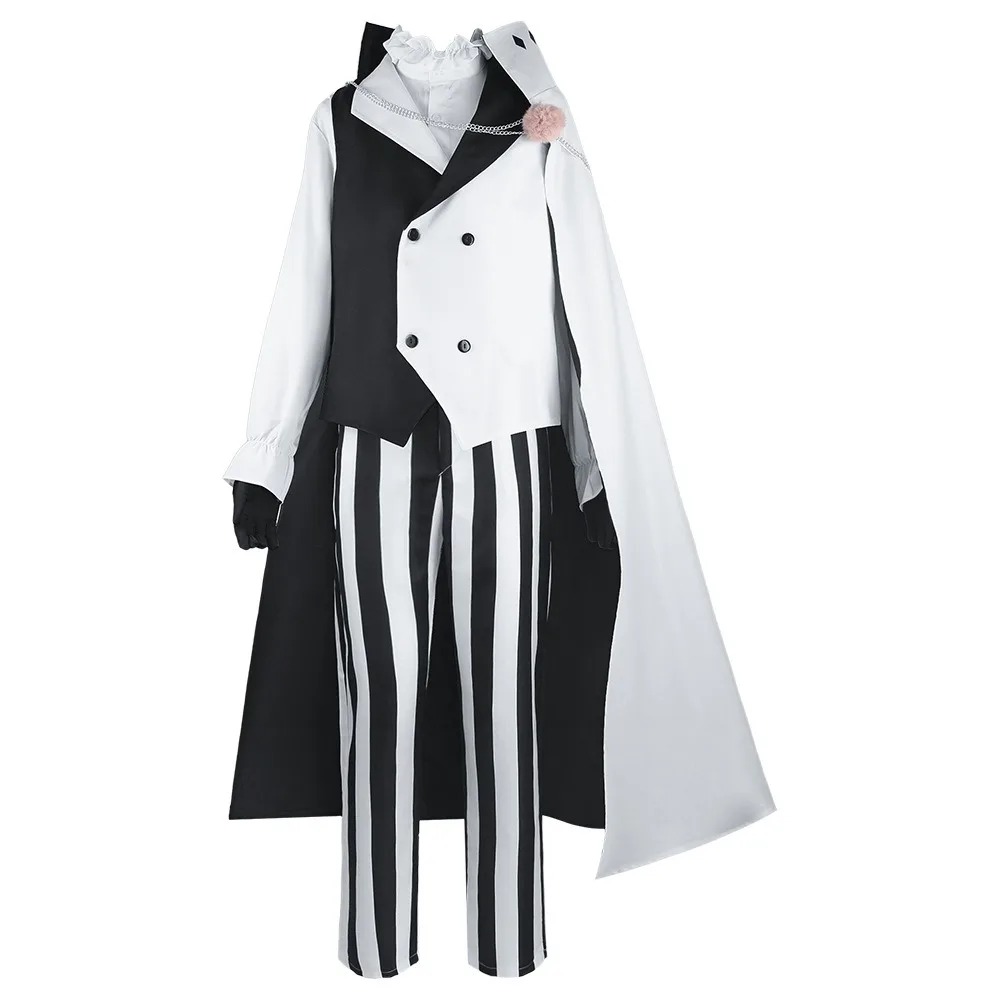 Colete preto e branco, capa e calça listrada do cosplay do Nikolai Gogol, Bungo Stray Dogs