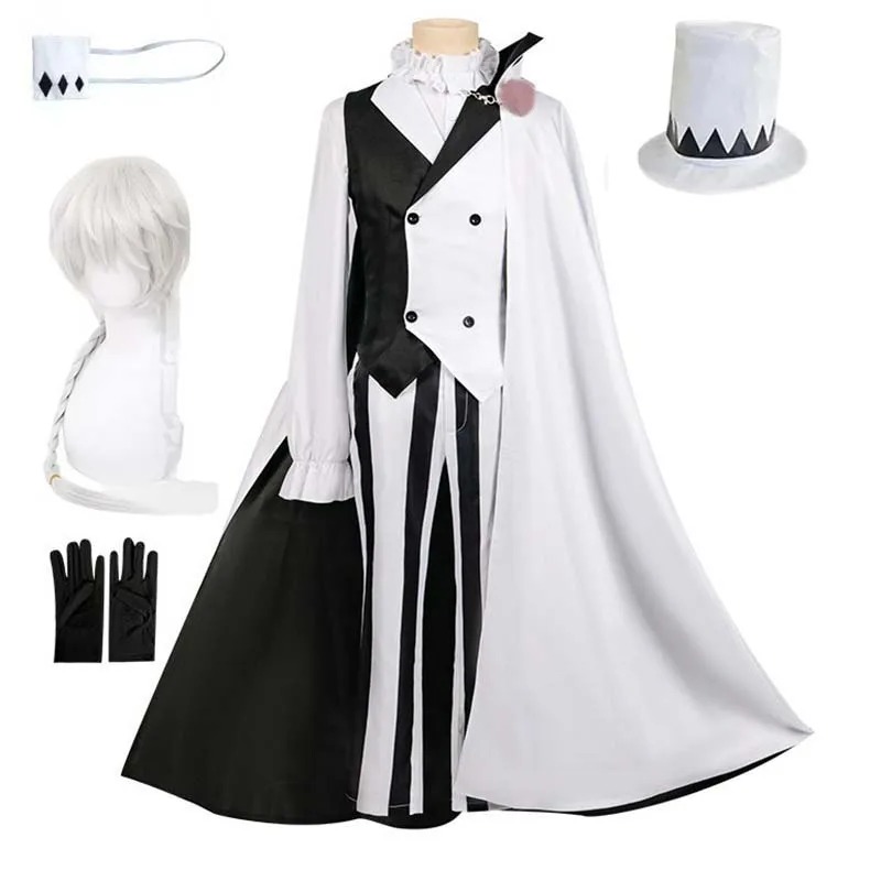 Cosplay do Nikolai Gogol com chapéu alto, luvas e peruca branca ao lado