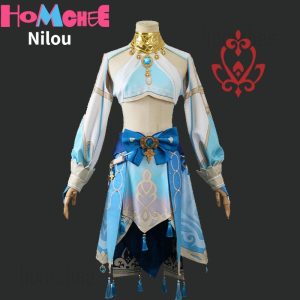Traje da Nilou, de Genshin Impact: top e saia em azul claro e branco com detalhes dourados