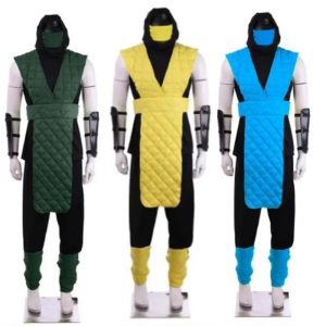 Trajes ninja verde, amarelo e azul de Mortal Kombat, nas cores de Reptile, Scorpion e Sub-Zero