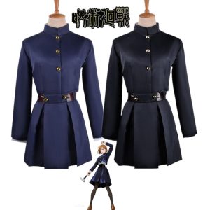 Uniforme azul-marinho da Nobara Kugisaki, de Jujutsu Kaisen, com saia plissada e cinto