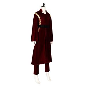 Cosplay da Padmé Amidala em manequim: túnica vinho com faixas douradas, cinto e calça, Star Wars
