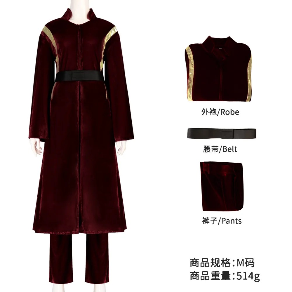 Túnica vinho, cinto preto e calça, peças do cosplay da Padmé Amidala