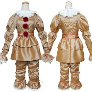 Manequim com o cosplay dourado do Pennywise, de frente e de costas, com gola de babados e pompons vermelhos