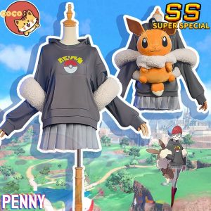 Traje da Penny, de Pokémon Scarlet and Violet, moletom cinza com Poké Bola, saia e mochila de Eevee