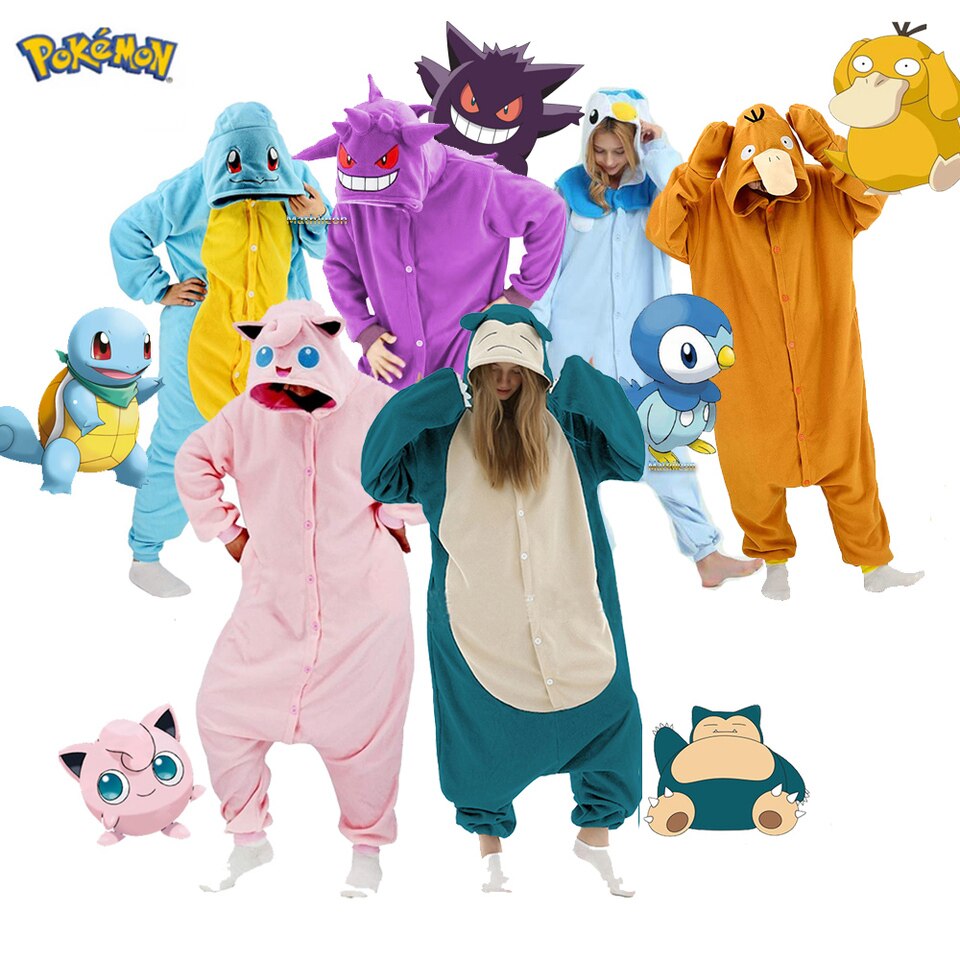 Macacões pijama de Pokémon em vários modelos, como Gengar, Snorlax, Psyduck e Jigglypuff
