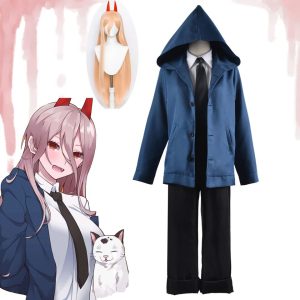 Power, de Chainsaw Man: jaqueta azul com capuz, camisa, gravata, calça e peruca