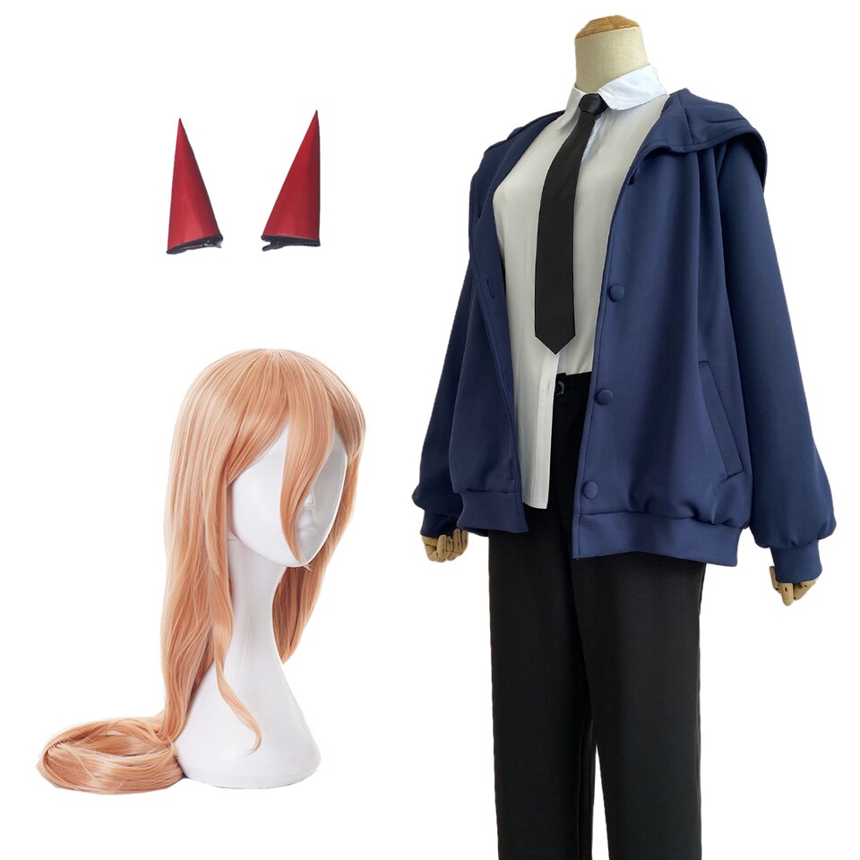 Uniforme da Power, de Chainsaw Man: jaqueta azul, camisa, gravata, peruca e chifres vermelhos