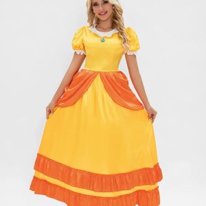 Vestido longo amarelo de babados laranja com coroa, no estilo da Daisy de Super Mario