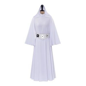 Cosplay da Princesa Leia em manequim: vestido longo branco com capuz e cinto, de frente