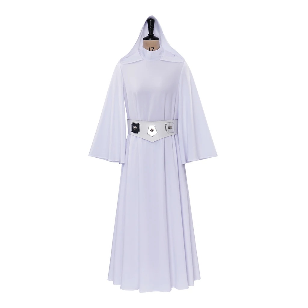 Cosplay da Princesa Leia em manequim: vestido longo branco com capuz e cinto, de frente