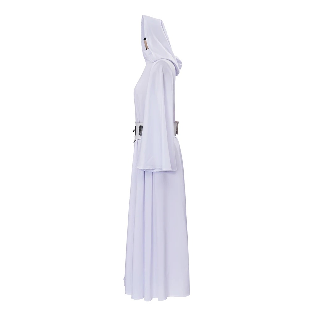 Lateral do vestido branco da Princesa Leia, com capuz e mangas amplas