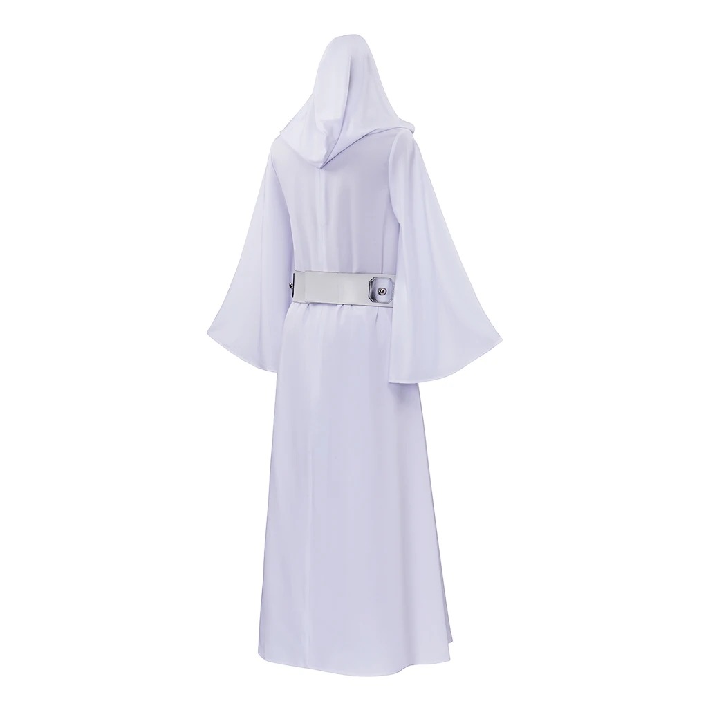 Costas do vestido branco com capuz do cosplay da Princesa Leia