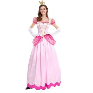 Vestido rosa longo da Princesa Peach, Super Mario, com mangas bufantes, luvas e coroa, de frente