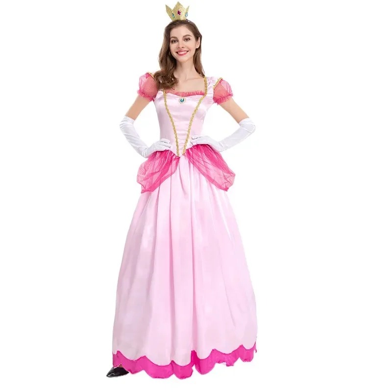 Vestido rosa longo da Princesa Peach, Super Mario, com mangas bufantes, luvas e coroa, de frente