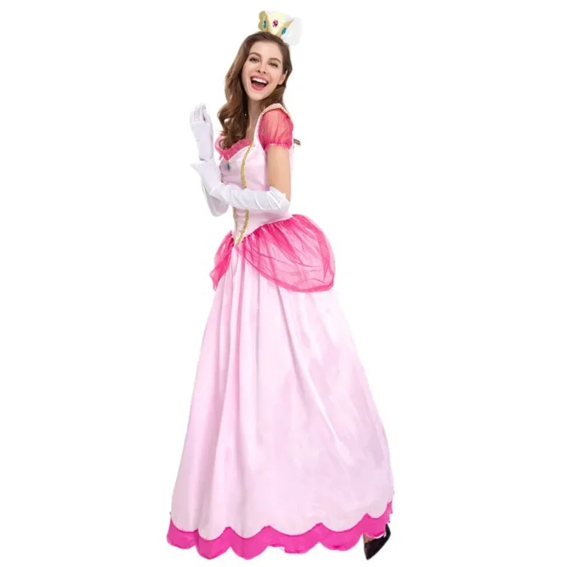 Vestido rosa de três quartos com luvas brancas e coroa, cosplay da Princesa Peach