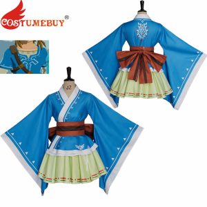 Traje azul da Princesa Zelda, de Breath of the Wild, estilo quimono com faixa vermelha e saia verde