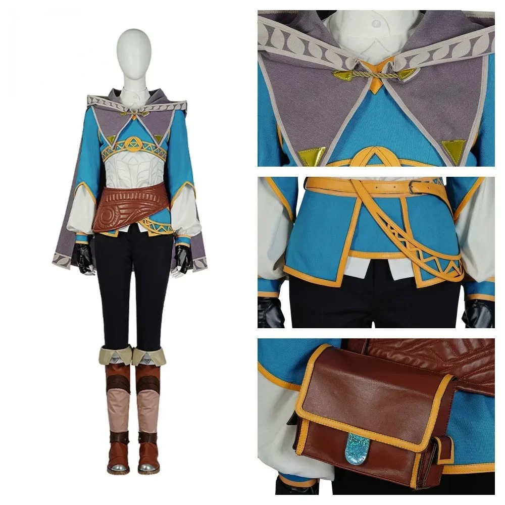 Cosplay da Zelda exploradora com top azul, bolsa de cinto, calça preta e botas