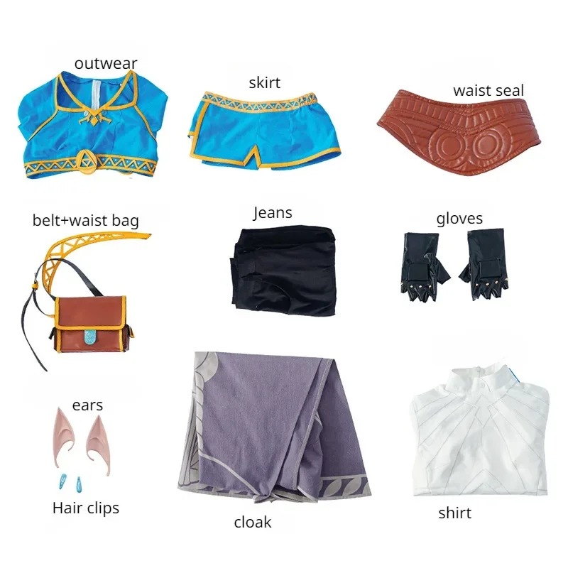 Peças do cosplay da Zelda: casaco, saia, bolsa, calça, luvas, capa e camisa