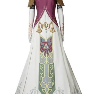 Cosplay da Princesa Zelda, de Twilight Princess: vestido branco e roxo com ombreiras douradas