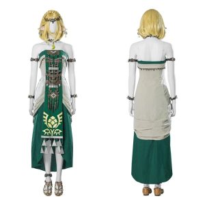 Cosplay da Princesa Zelda de Tears of the Kingdom, com vestido longo verde e creme, de frente e de costas