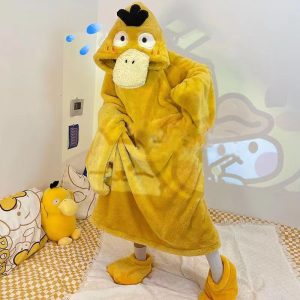 Macacão de pelúcia amarelo do Psyduck, de Pokémon, com capuz e pantufas