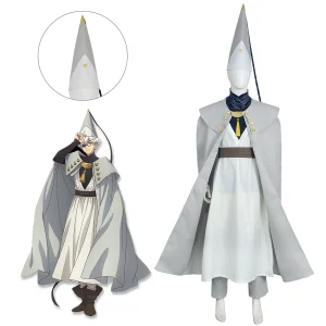 Cosplay do Qifrey, de Witch Hat Atelier, com manto branco, capa cinza e chapéu