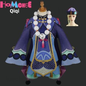 Traje da Qiqi, de Genshin Impact: roupa roxa, colar de contas brancas e chapéu