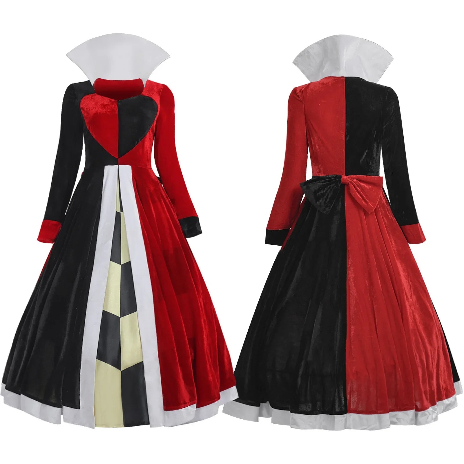 Vestido vermelho e preto da Rainha de Copas, com gola branca, frente e costas, Alice no País das Maravilhas
